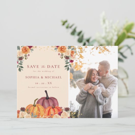 Autumn Pumpkins Herfst Foto Opslaan van de datum Kaart (Staand voorkant)