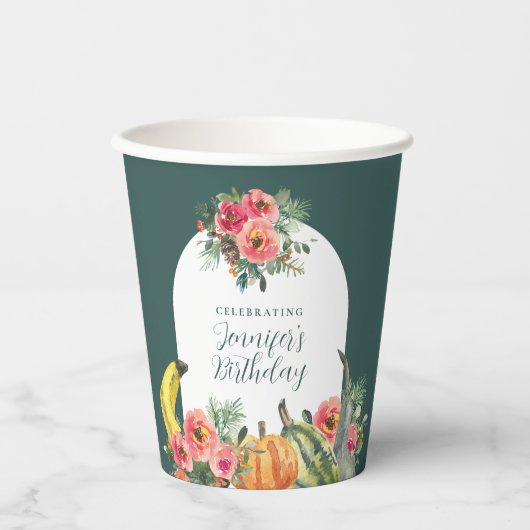 Autumn Pumpkins Pink Floral Birthday Party Papieren Bekers (Voorkant)