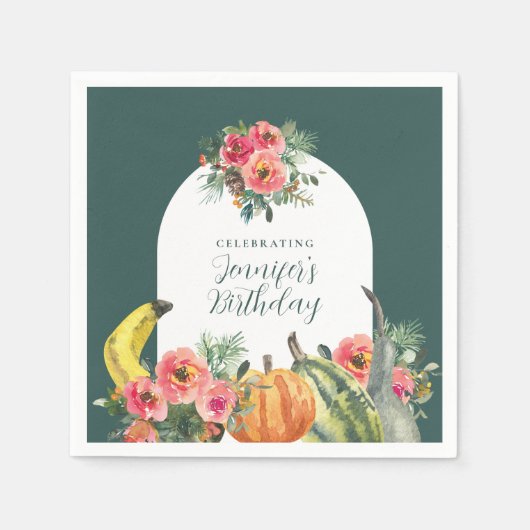 Autumn Pumpkins Pink Floral Birthday Party Servet (Voorkant)