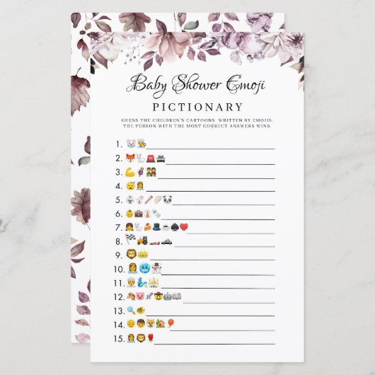 Autumn Purple Flowers Baby shower Emoji Game (Voorkant / Achterkant)
