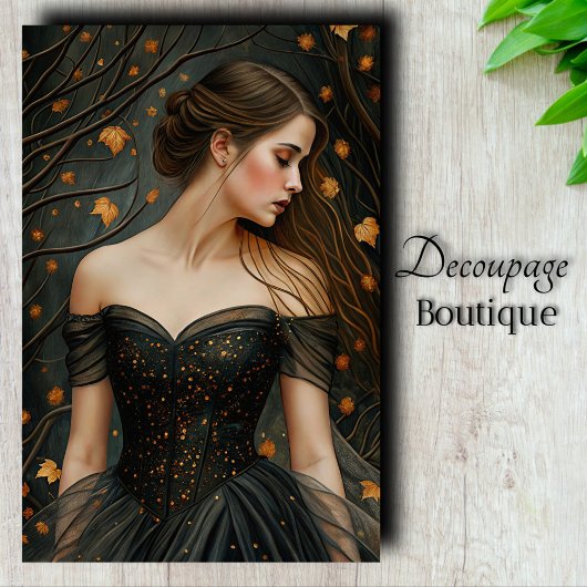 Autumn Queen Black Gown Elegant Decoupage Tissuepapier