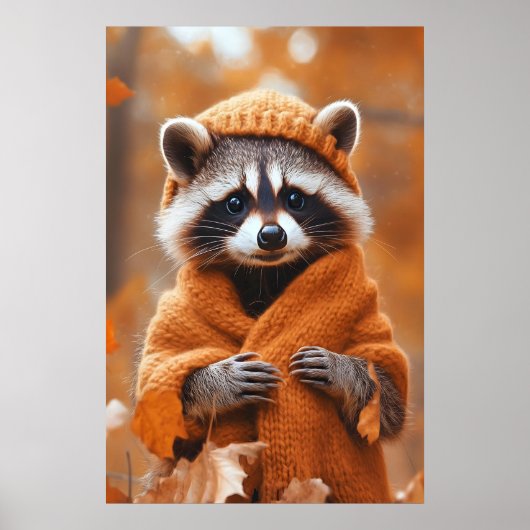 Autumn Raccoon Art Print, Fall Animal in Clothes Poster (Voorkant)