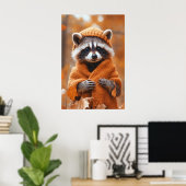 Autumn Raccoon Art Print, Fall Animal in Clothes Poster (Thuiskantoor)