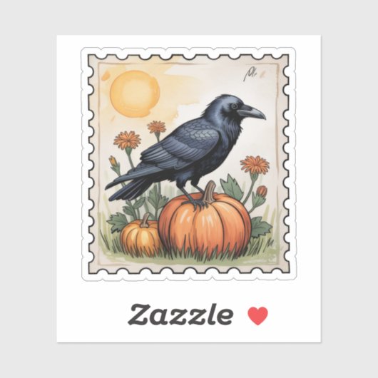 Autumn Raven on Pumpkin Halloween Postage Stamp Sticker (Vel)