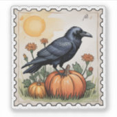 Autumn Raven on Pumpkin Halloween Postage Stamp Sticker (Voorkant)