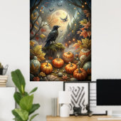 Autumn Raven Wall Art – Mystiek Volle Maan Bos Poster (Thuiskantoor)
