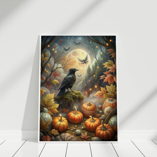 Autumn Raven Wall Art – Mystiek Volle Maan Bos Poster