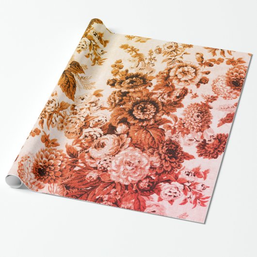Autumn Red Yellow Tone  Floral Toile Cadeaupapier (Uitgerold)