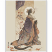 "Autumn Reverie" Japanese Cat in Kimono Art Sticker (Voorkant)