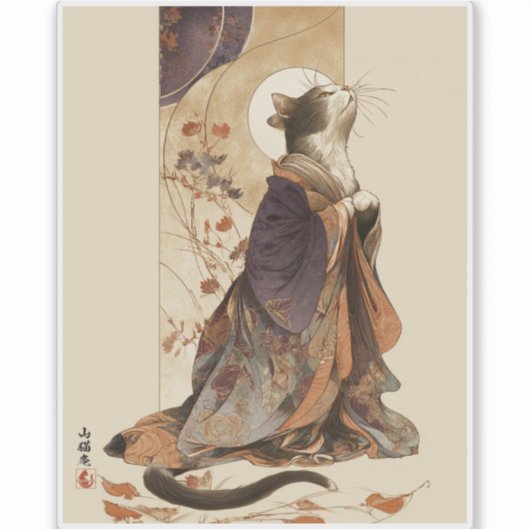 "Autumn Reverie" Japanese Cat in Kimono Art Sticker (Voorkant)