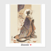 "Autumn Reverie" Japanese Cat in Kimono Art Sticker (Vel)