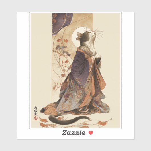 "Autumn Reverie" Japanese Cat in Kimono Art Sticker (Vel)