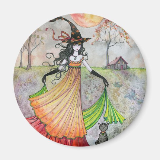 Autumn Reverie Witch en Cat Halloween Art Magneet (Voorkant)