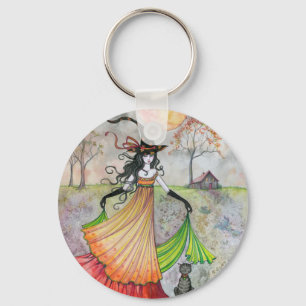 Autumn Reverie Witch en Cat Halloween Art Sleutelhanger