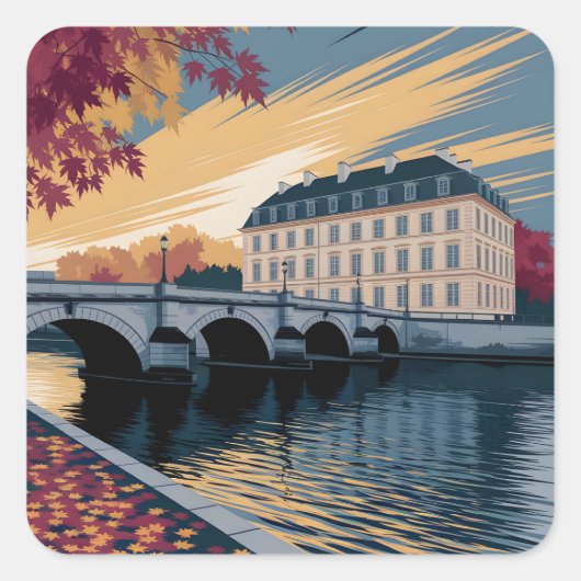 Autumn Riverside European City Illustration Art Vierkante Sticker (Voorkant)