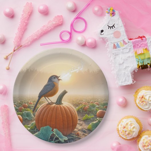Autumn Robin zingt op een pompoen Papieren Bordje (Feest)