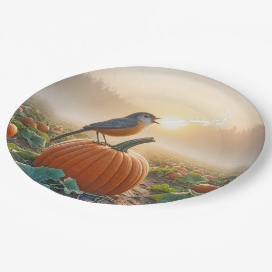 Autumn Robin zingt op een pompoen Papieren Bordje (Gekanteld)