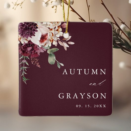 Autumn Romance Elegant Burgundy Wedding Photo      Keramisch Ornament