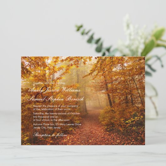 Autumn Romantic Forest Path Wedding Invitation Kaart (Staand voorkant)