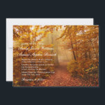 Autumn Romantic Forest Path Wedding Invitation Kaart<br><div class="desc">Een mooie huwelijksuitnodiging met een originele foto van een mooi geel herfstbos. Een pad in dit bos met prachtig optimistisch herfstgeel licht en bomen aan beide zijden vertegenwoordigt een vrolijk pad dat nu samen zal worden bewandeld.</div>