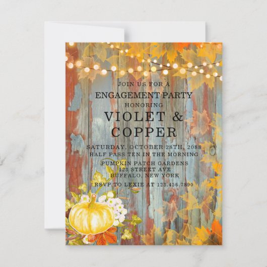 Autumn Rust Lights Pumpkin Peony Engagement Party Kaart (Voorkant)