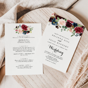 Autumn Rustic Burgundy Floral Front & Back Wedding Kaart