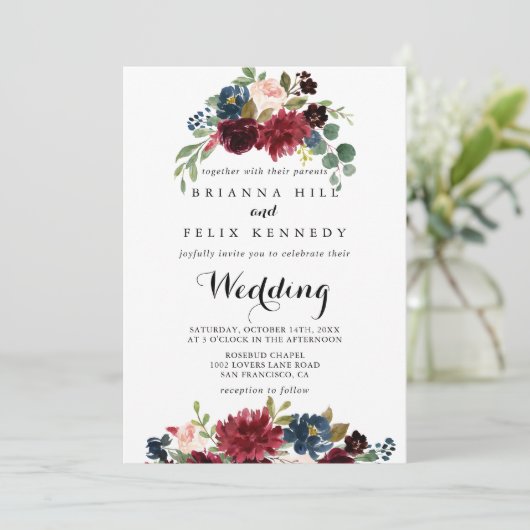 Autumn Rustic Burgundy Floral Front & Back Wedding Kaart (Staand voorkant)