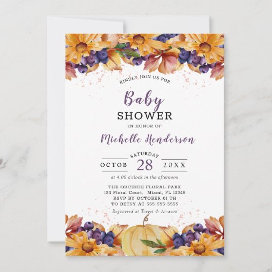 Autumn Rustic floral Paars Baby shower Uitnodiging (Voorkant)