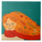 Autumn Rustic Girl Leaves en Rain Tegeltje (Voorkant)