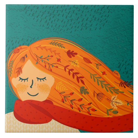 Autumn Rustic Girl Leaves en Rain Tegeltje (Voorkant)