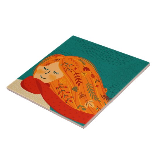 Autumn Rustic Girl Leaves en Rain Tegeltje (Zijkant)