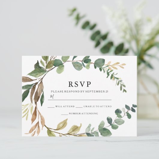 Autumn Rustic Leaf Wreath Modern Wedding RSVP Kaartje (Staand voorkant)