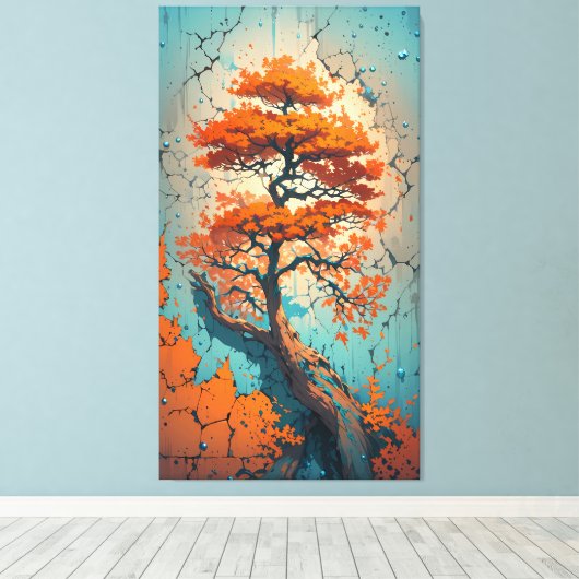 Autumn’s Last Stand: A Fiery Tree in a Cracked  Canvas Afdruk (Insitu (Houten vloer))