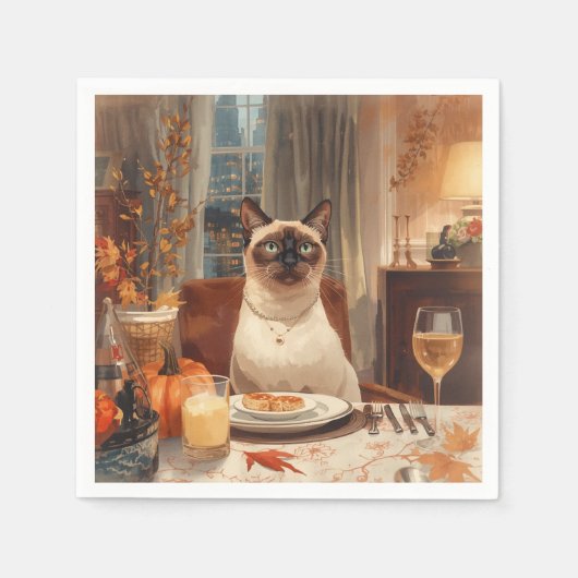 Autumn Siamese Cat Hostess bij Dinner Thanksgiving Servet (Voorkant)