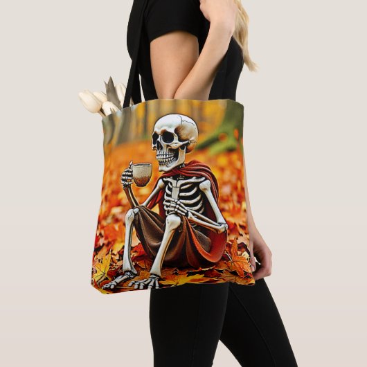 Autumn Skeleton Coffee Break Ontwerp Tote Bag (Dichtbij)