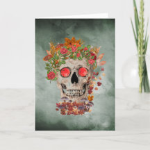Autumn Skull op Green Background Halloween Card