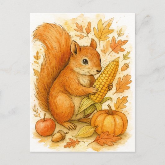 Autumn Squirrel with Corn Thanksgiving Postcard Feestdagenkaart (Voorkant)