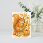 Autumn Squirrel with Corn Thanksgiving Postcard Feestdagenkaart (Staand voorkant)