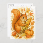 Autumn Squirrel with Corn Thanksgiving Postcard Feestdagenkaart (Voorkant / Achterkant)