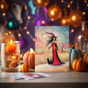 Autumn Stroll Halloween Witch en Black Cat Art Briefkaart