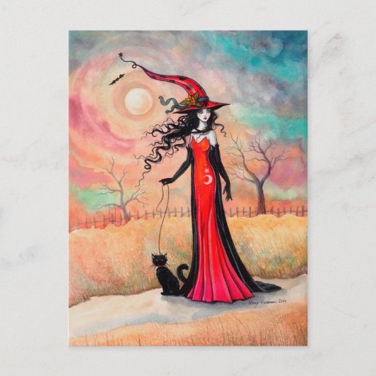 Autumn Stroll Halloween Witch en Black Cat Art Briefkaart (Voorkant)