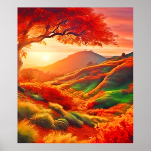 Autumn Sunset Landschap Schilderkunst Poster (Voorkant)