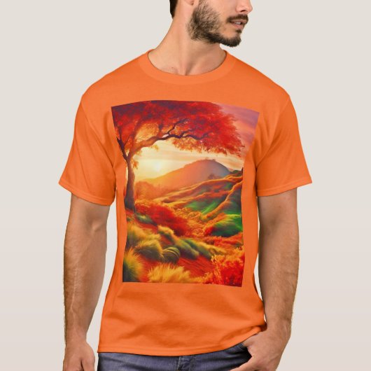 Autumn Sunset Landschap Schilderkunst T-shirt (Voorkant)