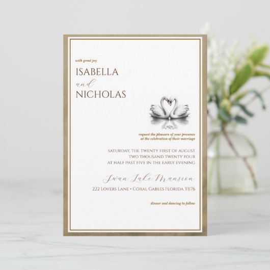 Autumn Swan Lake bruiloft uitnodiging (Staand voorkant)