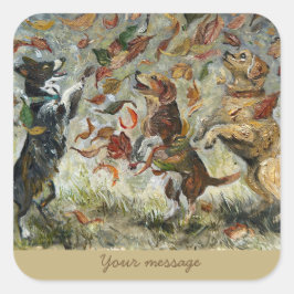 Autumn Tailwag Whimsical Golden Retriever Dogs Oil Vierkante Sticker