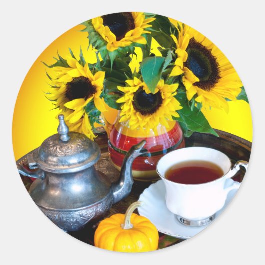 Autumn Tea Service met zonnebloemen Ronde Sticker (Voorkant)