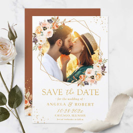 Autumn Terracotta Floral Gold Geometric Foto Save The Date