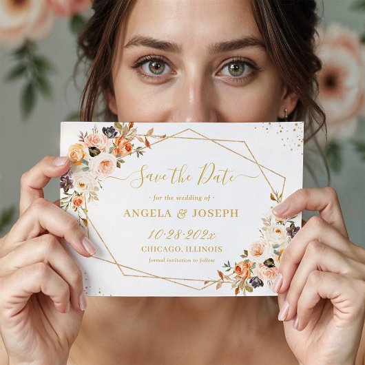 Autumn Terracotta Oranje Gold Floral Geometric Save The Date