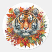 Autumn Tiger Face Among Fall Leaves Ronde Sticker (Voorkant)