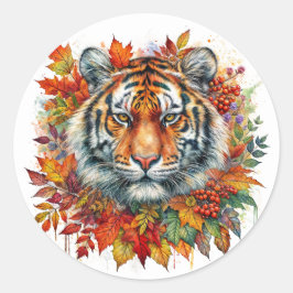 Autumn Tiger Face Among Fall Leaves Ronde Sticker